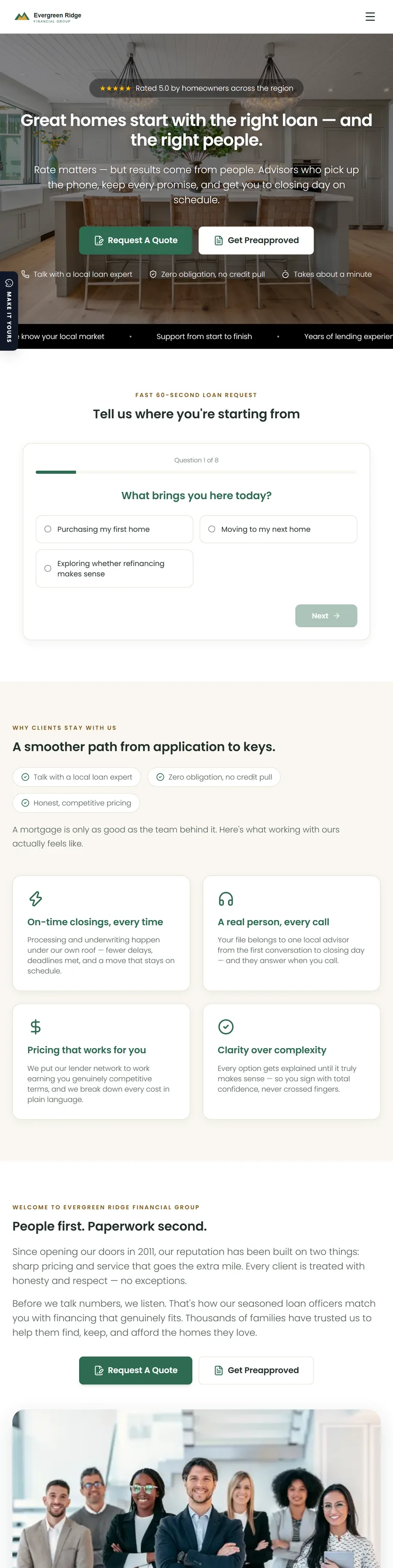 Homepage of the Fieldstone mortgage website demo